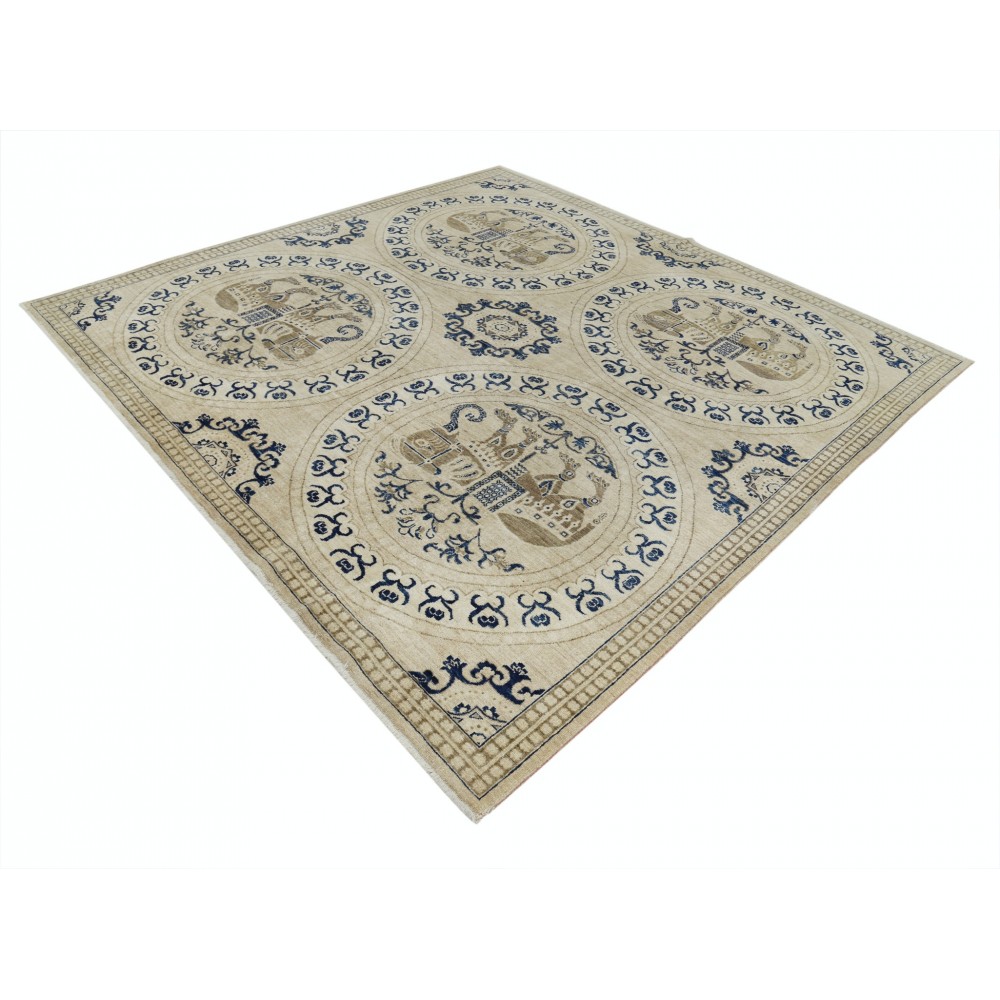 Hand Knotted Beige and Navy Blue Wool Square Area Rug | Elephant Medallion Design Carpet Hand Knotted Beige and Navy Blue Wool Square Area Rug | Elephant Medallion Design Carpet