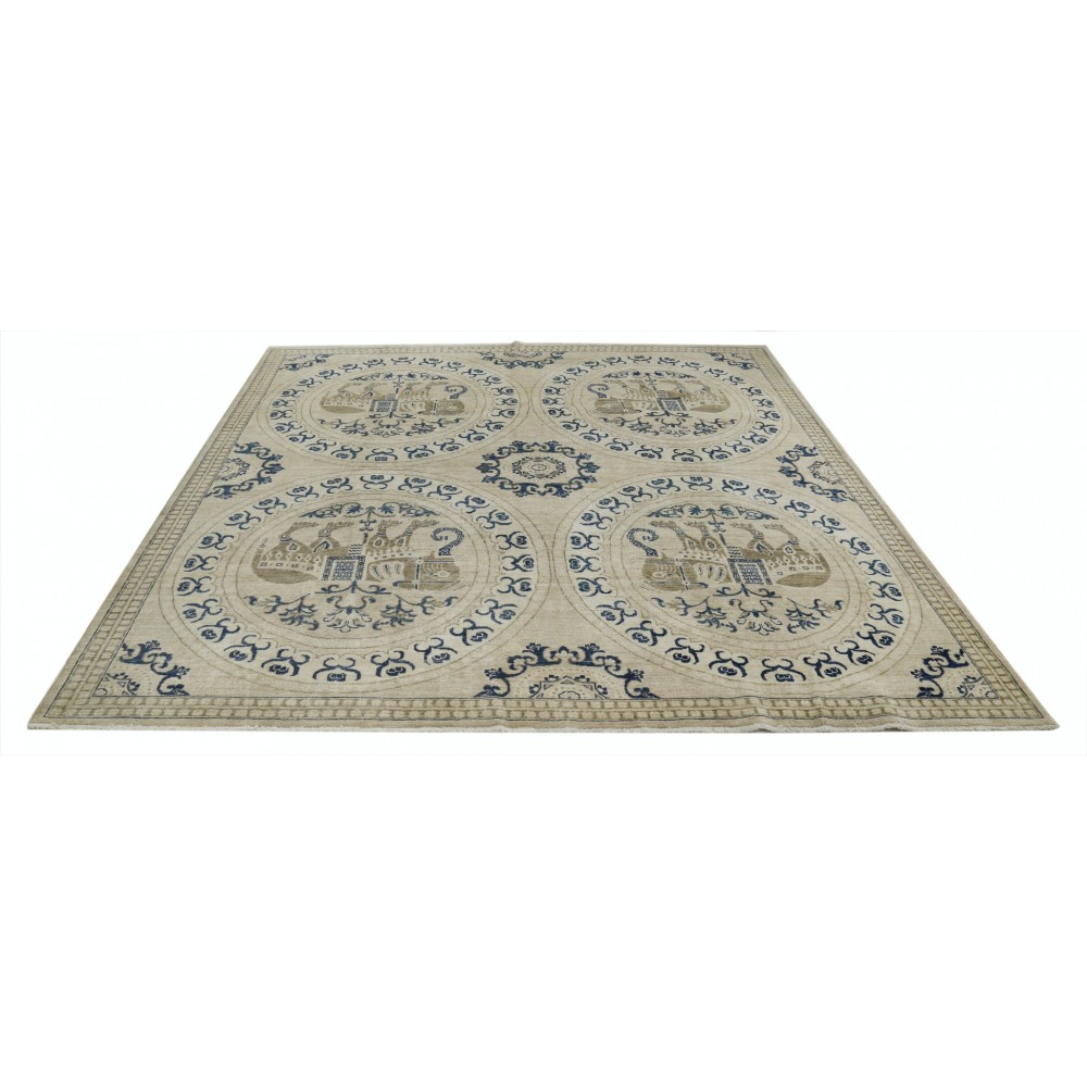 Hand Knotted Beige and Navy Blue Wool Square Area Rug | Elephant Medallion Design Carpet Hand Knotted Beige and Navy Blue Wool Square Area Rug | Elephant Medallion Design Carpet