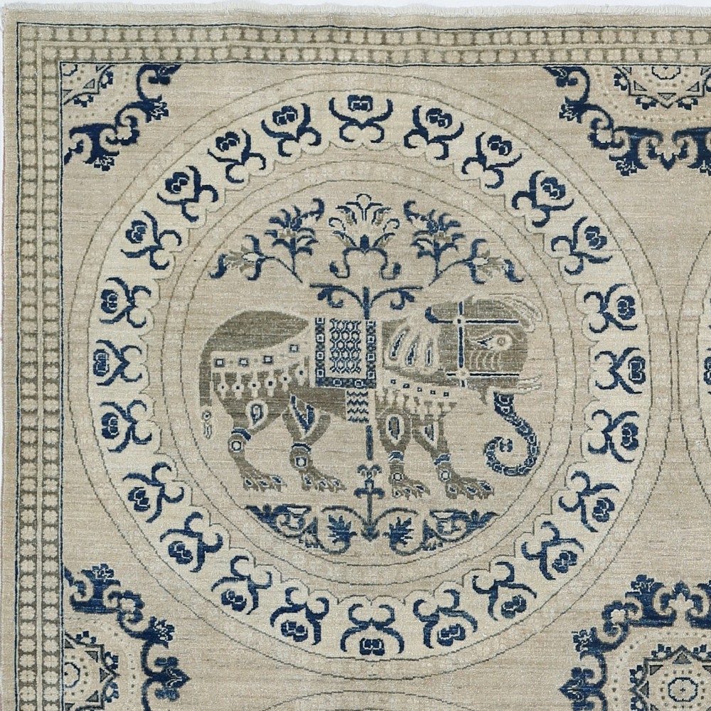 Hand Knotted Beige and Navy Blue Wool Square Area Rug | Elephant Medallion Design Carpet Hand Knotted Beige and Navy Blue Wool Square Area Rug | Elephant Medallion Design Carpet