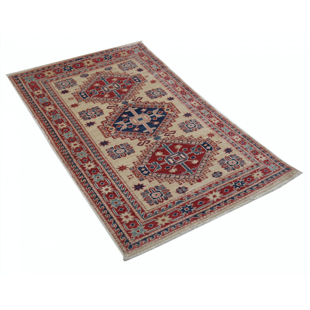 Hand Knotted Ivory, Red, Blue Wool Area Rug | Turkish Geometric Medallion Accent Rug Hand Knotted Ivory, Red, Blue Wool Area Rug | Turkish Geometric Medallion Accent Rug