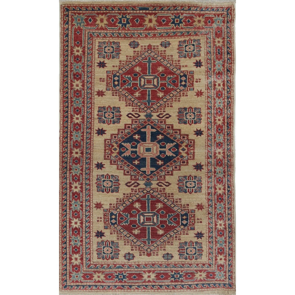 Hand Knotted Ivory, Red, Blue Wool Area Rug | Turkish Geometric Medallion Accent Rug Hand Knotted Ivory, Red, Blue Wool Area Rug | Turkish Geometric Medallion Accent Rug