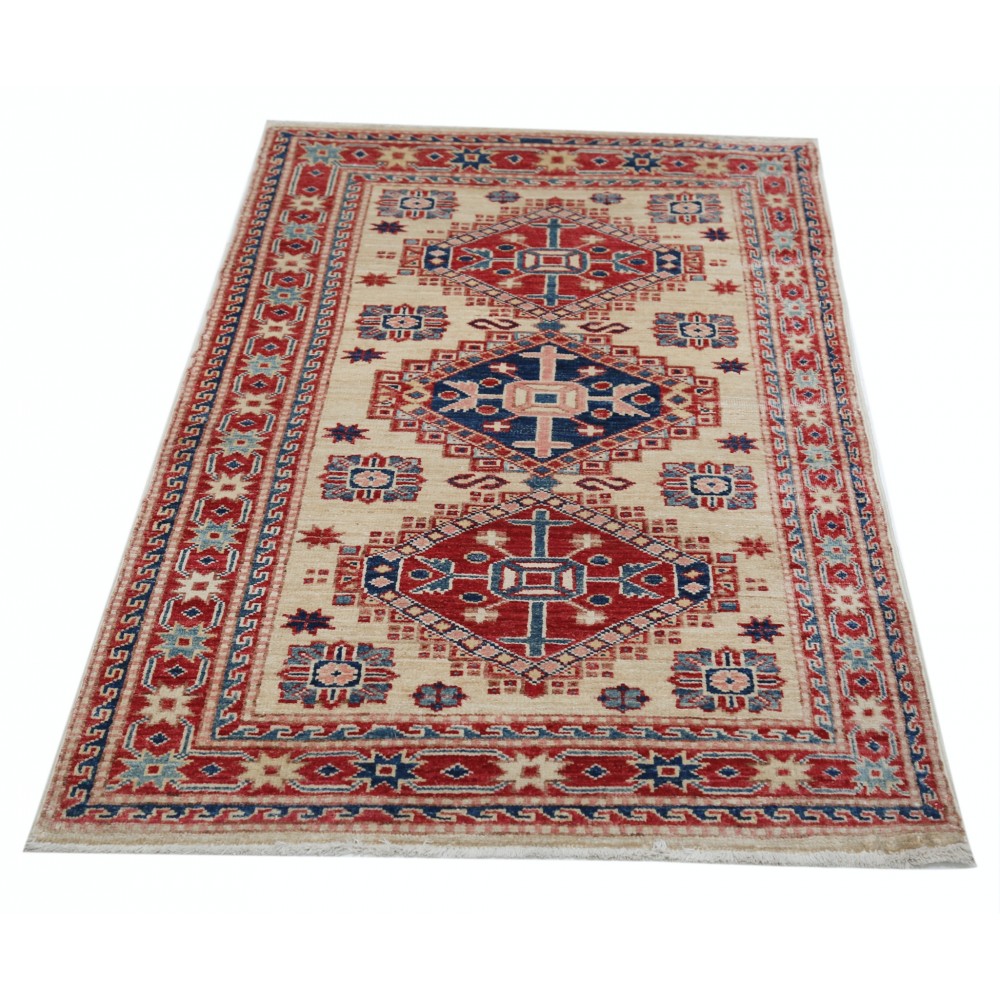 Hand Knotted Ivory, Red, Blue Wool Area Rug | Turkish Geometric Medallion Accent Rug Hand Knotted Ivory, Red, Blue Wool Area Rug | Turkish Geometric Medallion Accent Rug