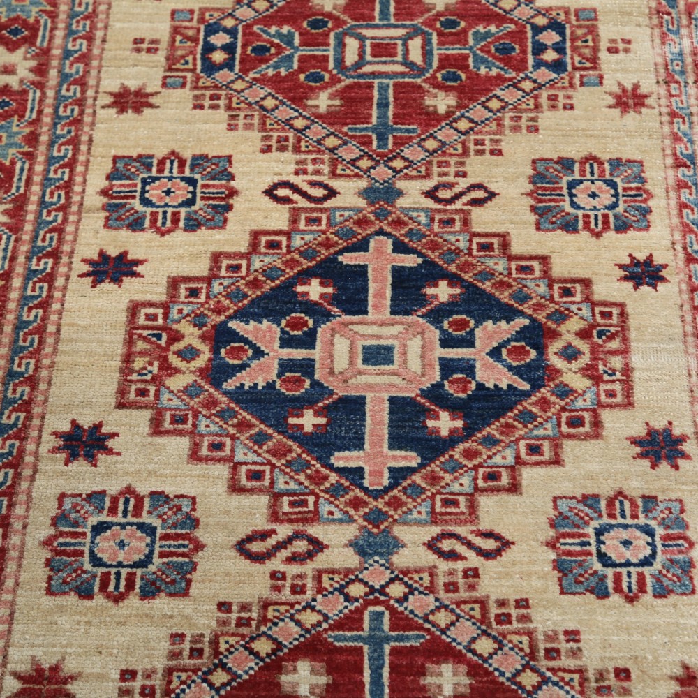 Hand Knotted Ivory, Red, Blue Wool Area Rug | Turkish Geometric Medallion Accent Rug Hand Knotted Ivory, Red, Blue Wool Area Rug | Turkish Geometric Medallion Accent Rug