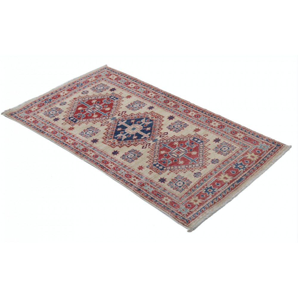 Hand Knotted Ivory, Red, Blue Wool Area Rug | Turkish Geometric Medallion Accent Rug Hand Knotted Ivory, Red, Blue Wool Area Rug | Turkish Geometric Medallion Accent Rug