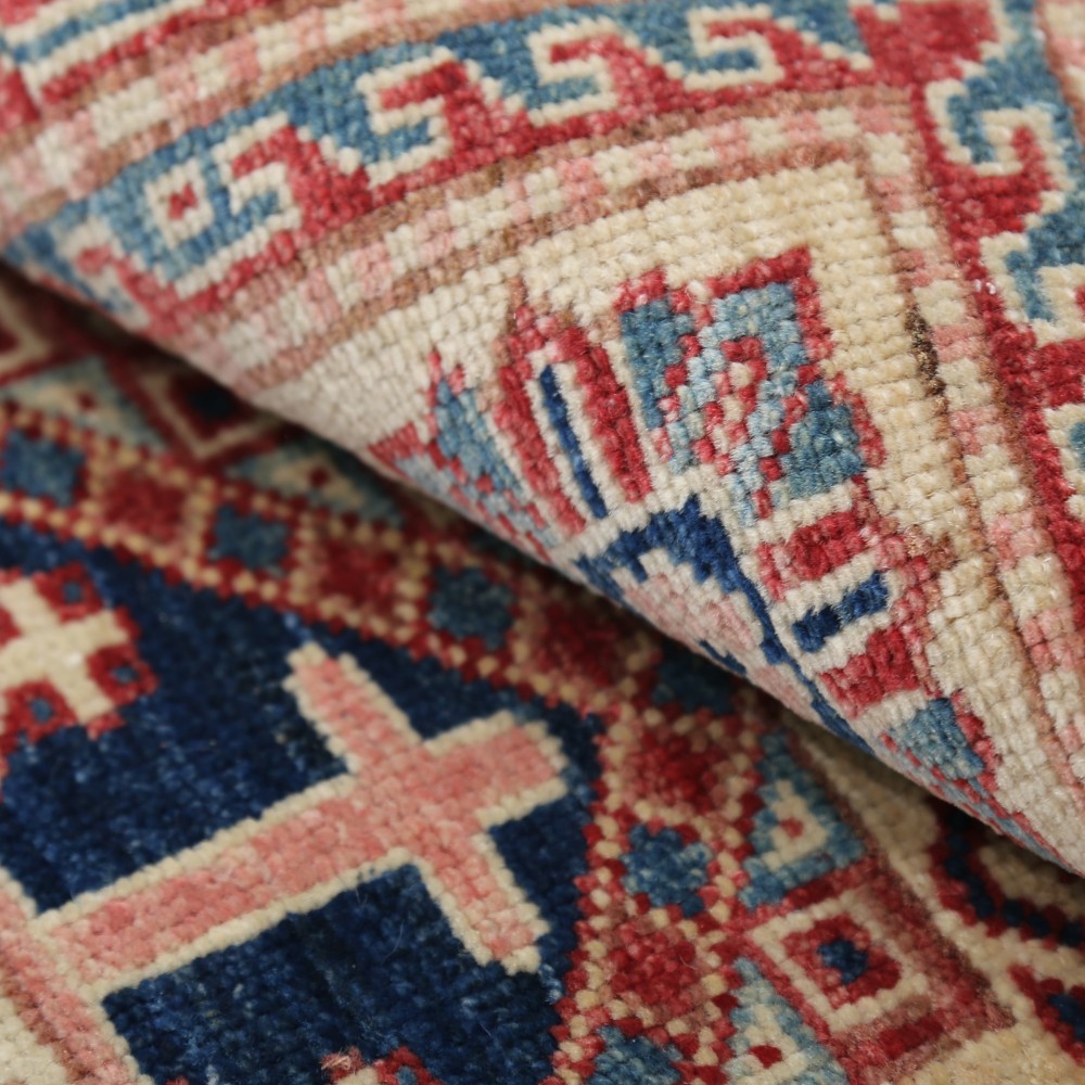 Hand Knotted Ivory, Red, Blue Wool Area Rug | Turkish Geometric Medallion Accent Rug Hand Knotted Ivory, Red, Blue Wool Area Rug | Turkish Geometric Medallion Accent Rug