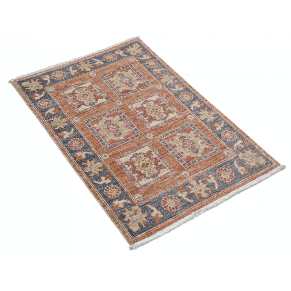 Hand Knotted Red, Blue, Ivory Wool Area Rug | Geometric Panel Design Accent Rug