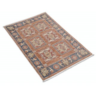Hand Knotted Red, Blue, Ivory Wool Area Rug | Geometric Panel Design Accent Rug
