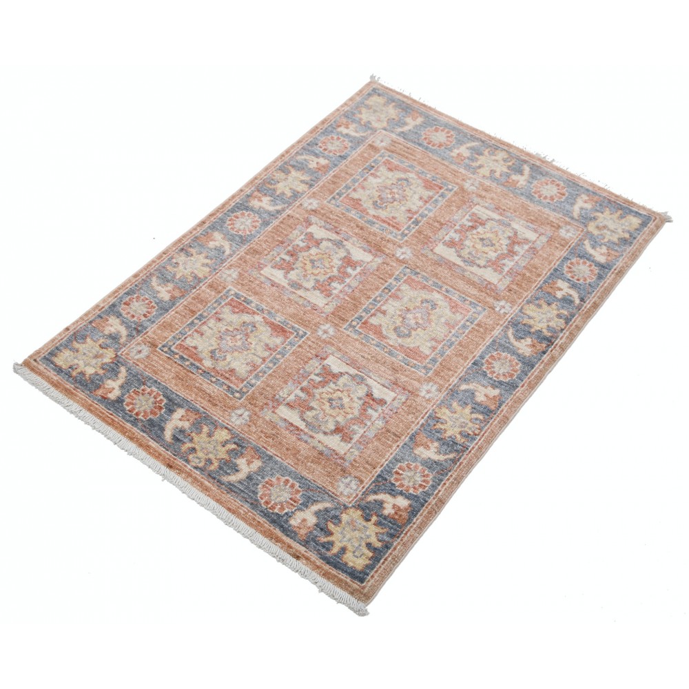 Hand Knotted Red, Blue, Ivory Wool Area Rug | Geometric Panel Design Accent Rug