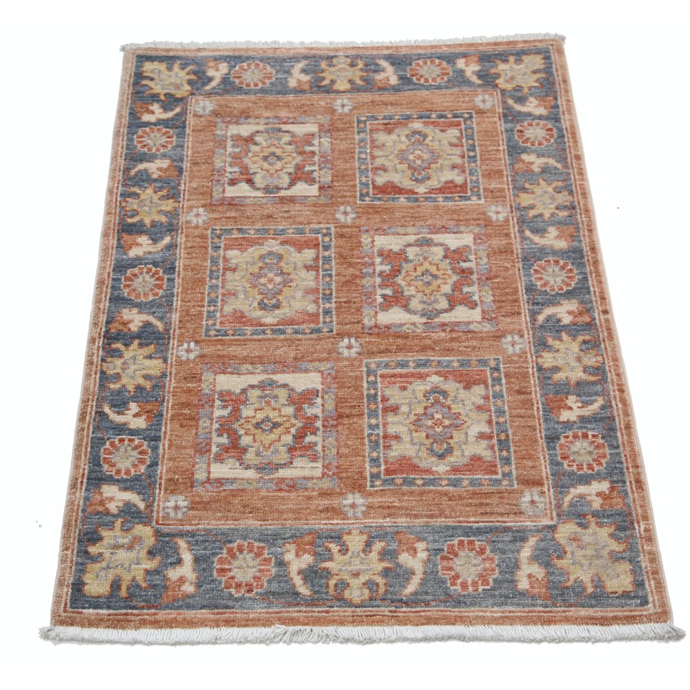 Hand Knotted Red, Blue, Ivory Wool Area Rug | Geometric Panel Design Accent Rug