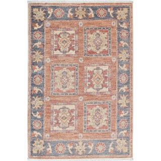 Hand Knotted Red, Blue, Ivory Wool Area Rug | Geometric Panel Design Accent Rug