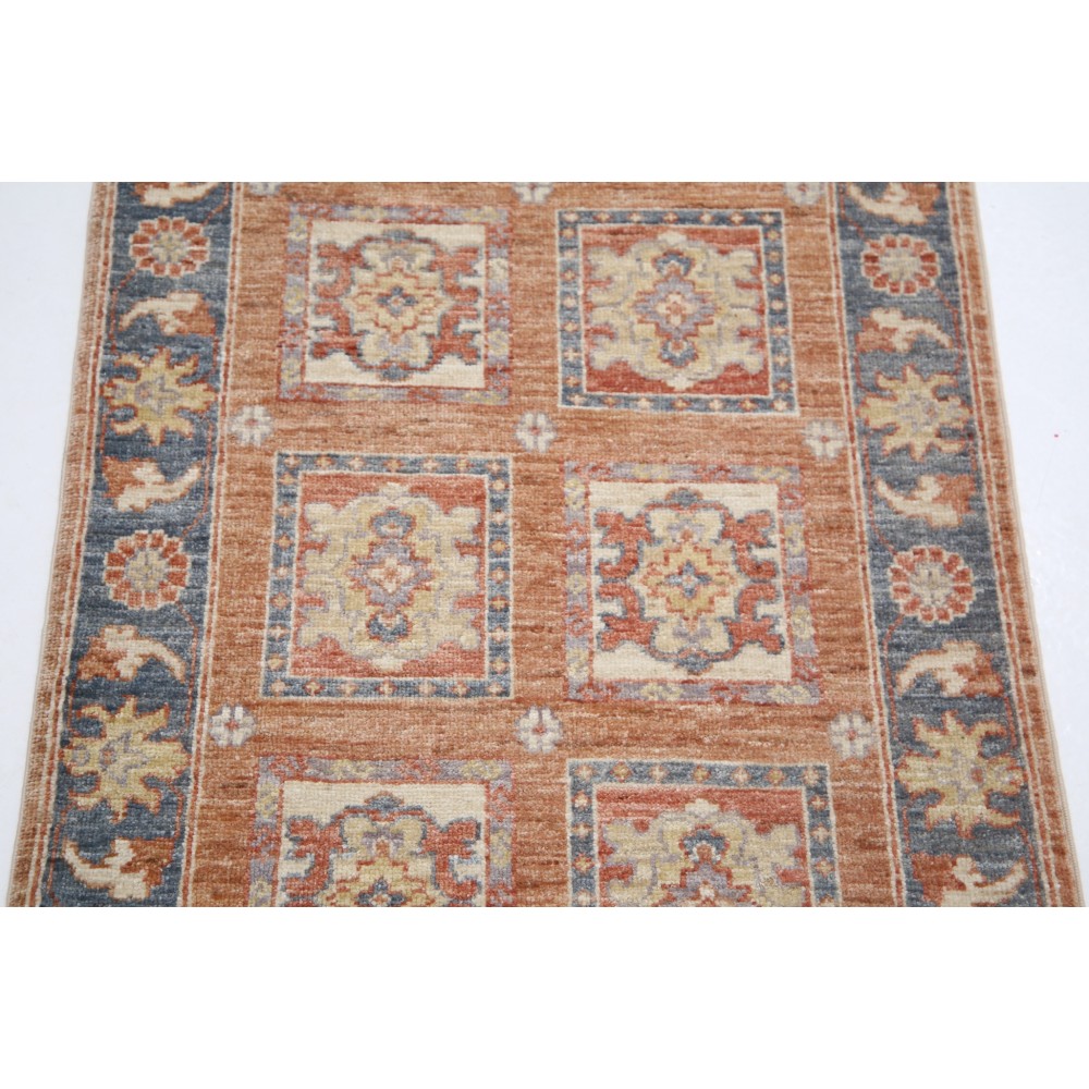 Hand Knotted Red, Blue, Ivory Wool Area Rug | Geometric Panel Design Accent Rug