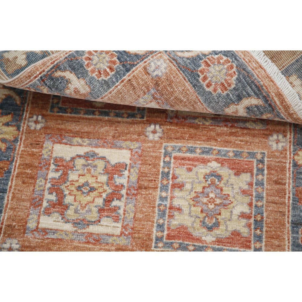 Hand Knotted Red, Blue, Ivory Wool Area Rug | Geometric Panel Design Accent Rug