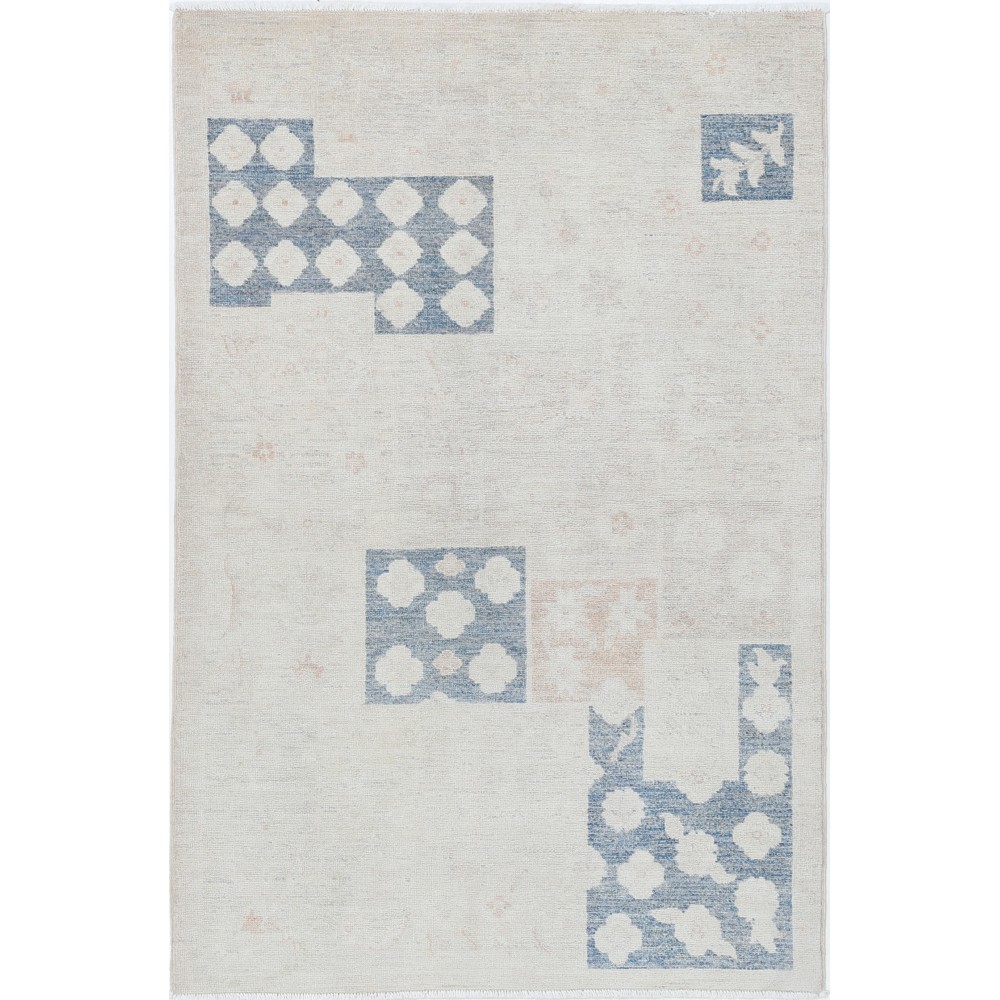 Hand Knotted Ivory, Blue, Blush Wool Area Rug | Turkish Geometric Motif Accent Rug Hand Knotted Ivory, Blue, Blush Wool Area Rug | Turkish Geometric Motif Accent Rug