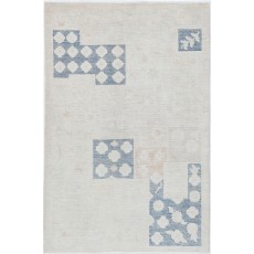 Hand Knotted Ivory, Blue, Blush Wool Area Rug | Turkish Geometric Motif Accent Rug