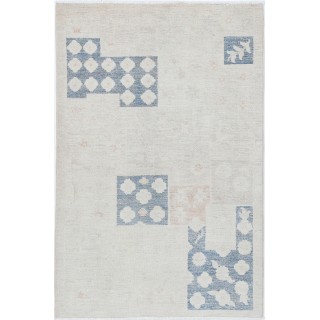 Hand Knotted Ivory, Blue, Blush Wool Area Rug | Turkish Geometric Motif Accent Rug