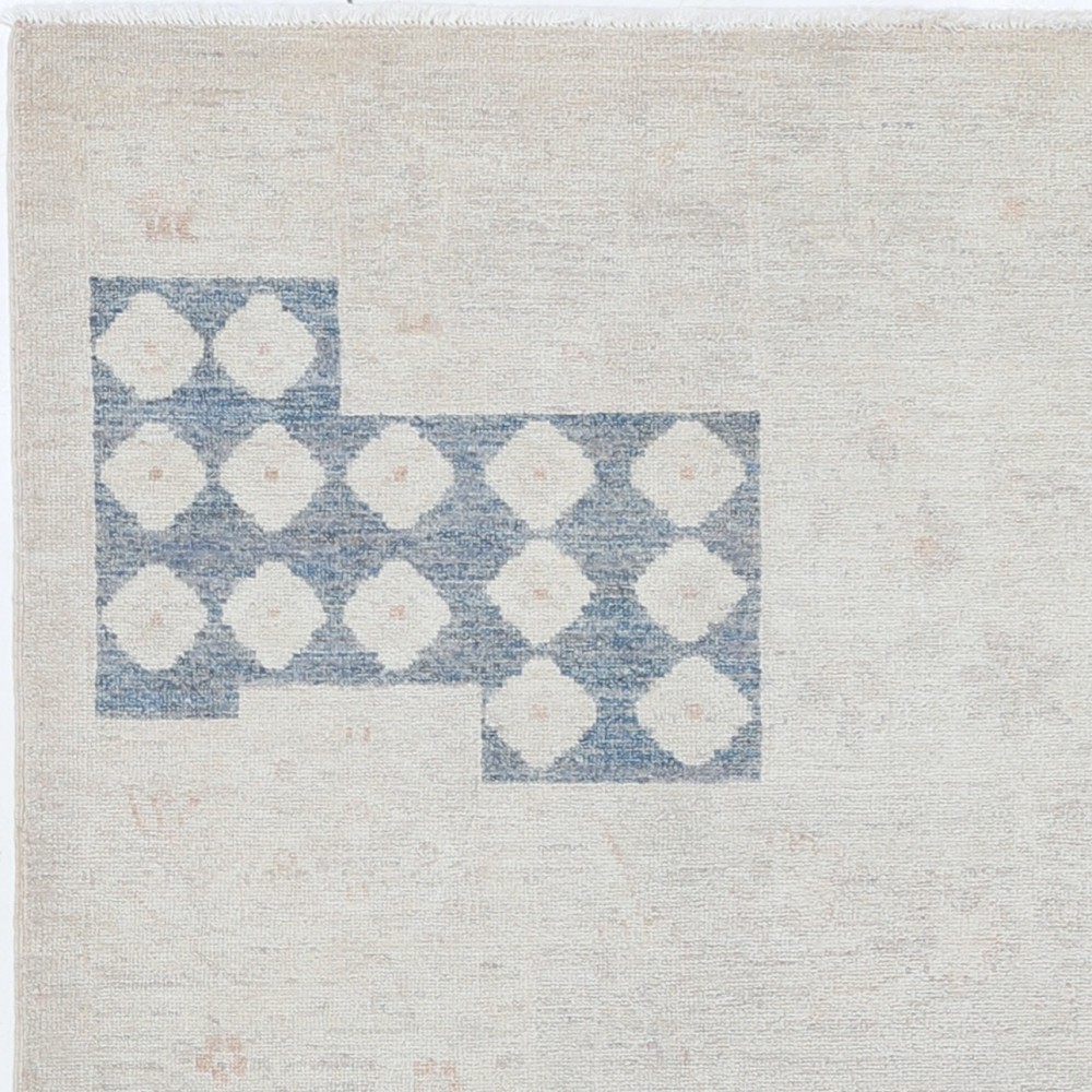 Hand Knotted Ivory, Blue, Blush Wool Area Rug | Turkish Geometric Motif Accent Rug Hand Knotted Ivory, Blue, Blush Wool Area Rug | Turkish Geometric Motif Accent Rug