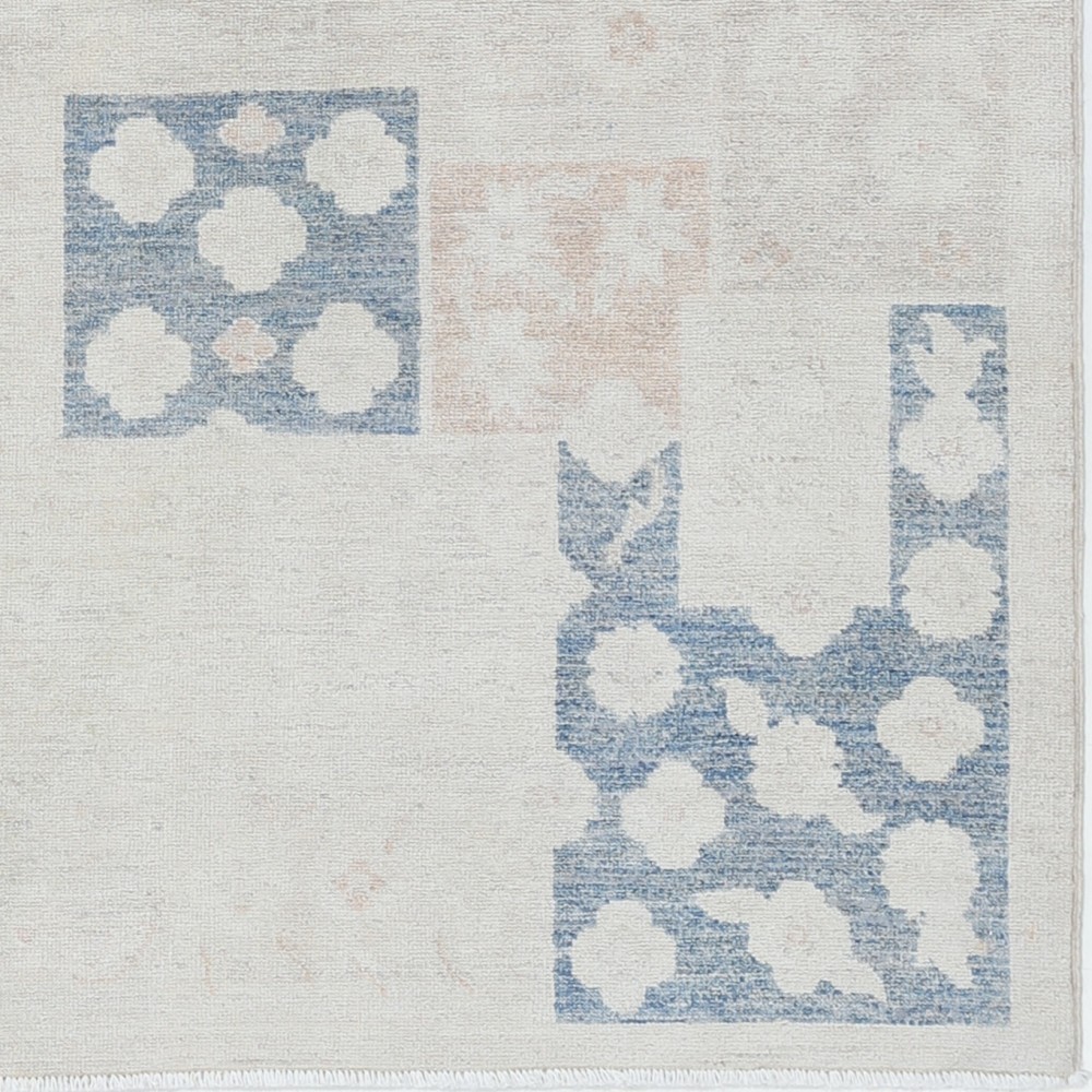 Hand Knotted Ivory, Blue, Blush Wool Area Rug | Turkish Geometric Motif Accent Rug Hand Knotted Ivory, Blue, Blush Wool Area Rug | Turkish Geometric Motif Accent Rug