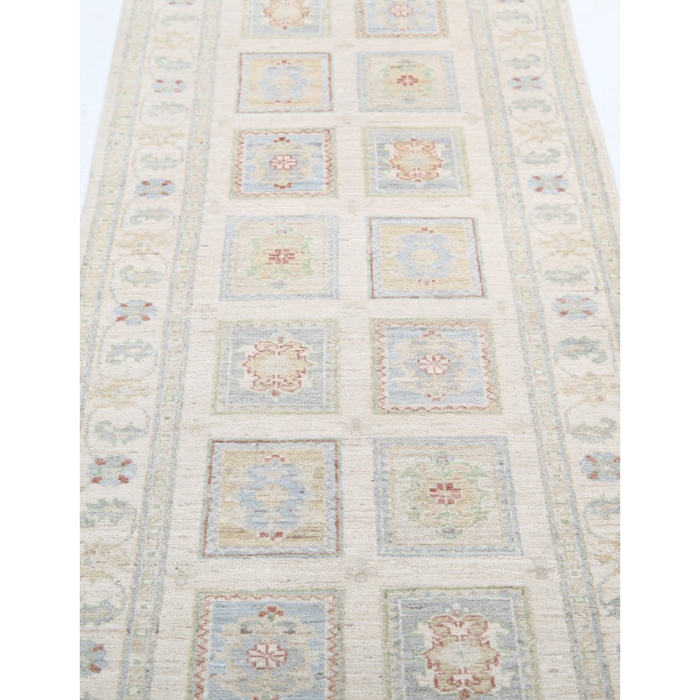 Hand Knotted Ivory, Light Blue, Pale Pink Wool Runner Rug | Turkish Geometric Design Corridor Rug for Hallway, Kitchen Hand Knotted Ivory, Light Blue, Pale Pink Wool Runner Rug | Turkish Geometric Design Corridor Rug for Hallway, Kitchen