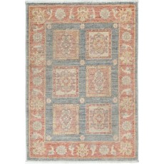 Hand Knotted Coral, Gray, Ivory Wool Area Rug | Turkish Geometric Design Accent Rug