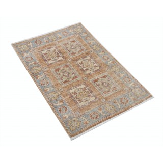 Hand Knotted Red, Tan, Light Blue and Ivory Wool Area Rug | Geometric Floral Small Rug