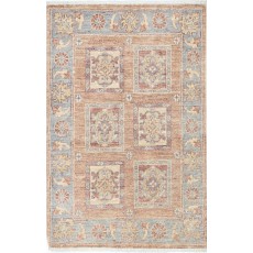 Hand Knotted Red, Tan, Light Blue and Ivory Wool Area Rug | Geometric Floral Small Rug