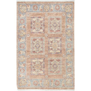Hand Knotted Red, Tan, Light Blue and Ivory Wool Area Rug | Geometric Floral Small Rug