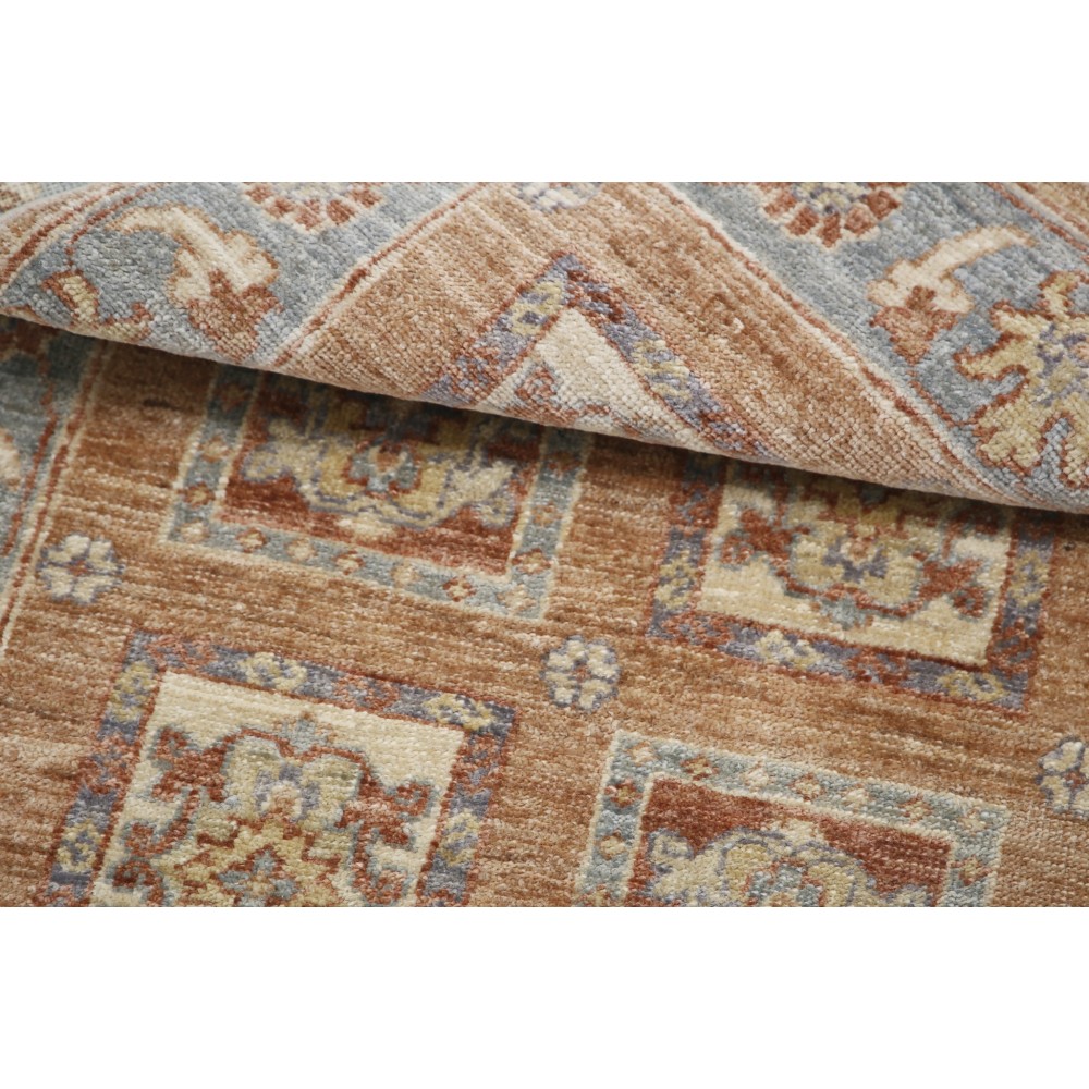Hand Knotted Red, Tan, Light Blue and Ivory Wool Area Rug | Geometric Floral Small Rug Hand Knotted Red, Tan, Light Blue and Ivory Wool Area Rug | Geometric Floral Small Rug