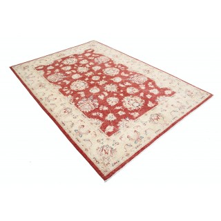 Hand Knotted Floral Area Rug with Red Field and Beige Border | Traditional Oushak Wool Carpet