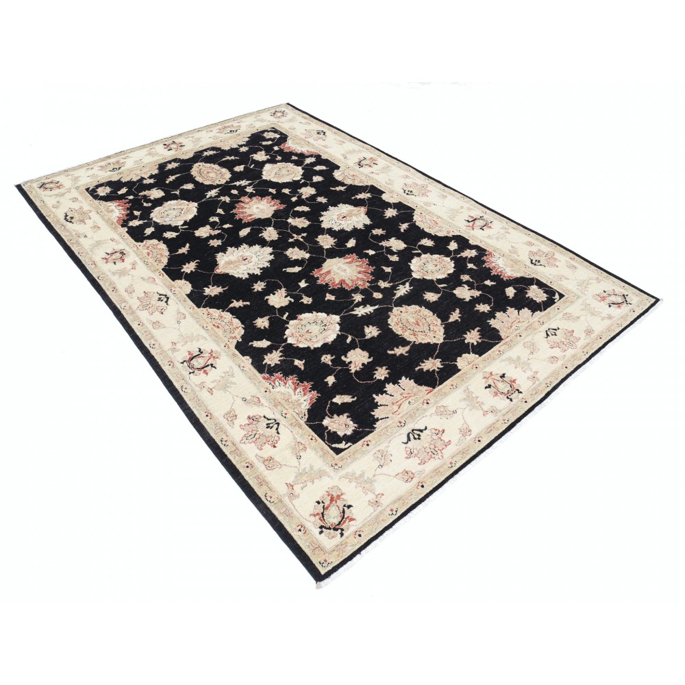 Hand Knotted Floral Area Rug with Black Field and Beige Border | Traditional Oushak Wool Carpet Hand Knotted Floral Area Rug with Black Field and Beige Border | Traditional Oushak Wool Carpet