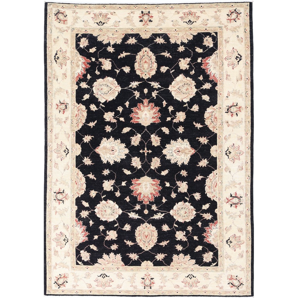 Hand Knotted Floral Area Rug with Black Field and Beige Border | Traditional Oushak Wool Carpet Hand Knotted Floral Area Rug with Black Field and Beige Border | Traditional Oushak Wool Carpet