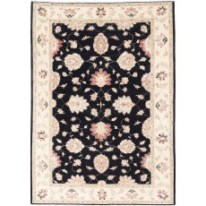 Hand Knotted Floral Area Rug with Black Field and Beige Border | Traditional Oushak Wool Carpet