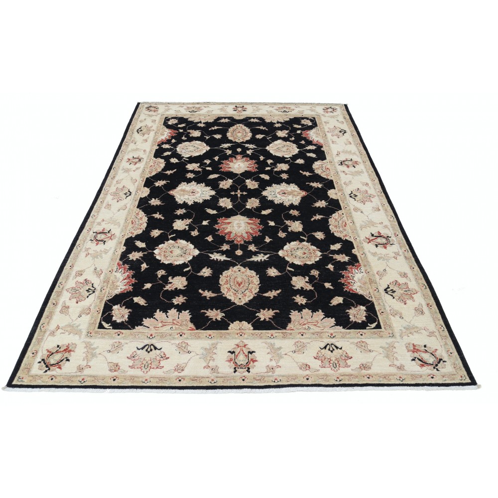 Hand Knotted Floral Area Rug with Black Field and Beige Border | Traditional Oushak Wool Carpet Hand Knotted Floral Area Rug with Black Field and Beige Border | Traditional Oushak Wool Carpet