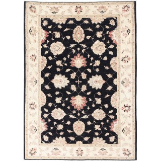 Hand Knotted Floral Area Rug with Black Field and Beige Border | Traditional Oushak Wool Carpet