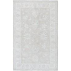 Hand Knotted Oushak Style Rug | Beige Turkish Accent Rug with All-Over Floral Design | 100% Wool