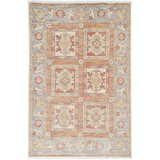 Hand Knotted Coral, Gray, Ivory Wool Area Rug | Turkish Geometric Design Accent Rug