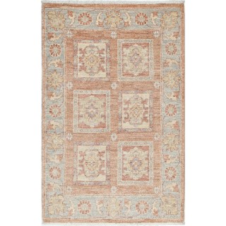 Hand Knotted Red, Tan, Light Blue and Ivory Wool Area Rug | Geometric Floral Small Rug