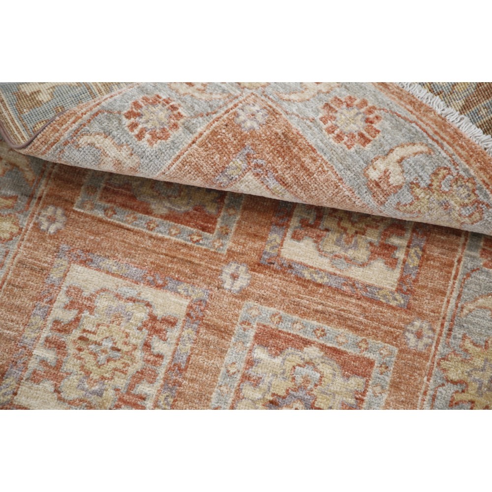 Hand Knotted Red, Tan, Light Blue and Ivory Wool Area Rug | Geometric Floral Small Rug Hand Knotted Red, Tan, Light Blue and Ivory Wool Area Rug | Geometric Floral Small Rug