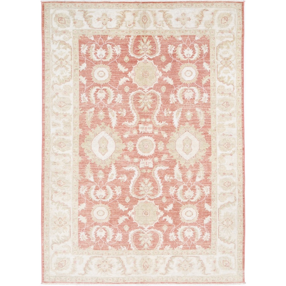 Hand Knotted Floral Oushak Area Rug with Red Field and Beige Border | 100% Wool Hand Knotted Floral Oushak Area Rug with Red Field and Beige Border | 100% Wool