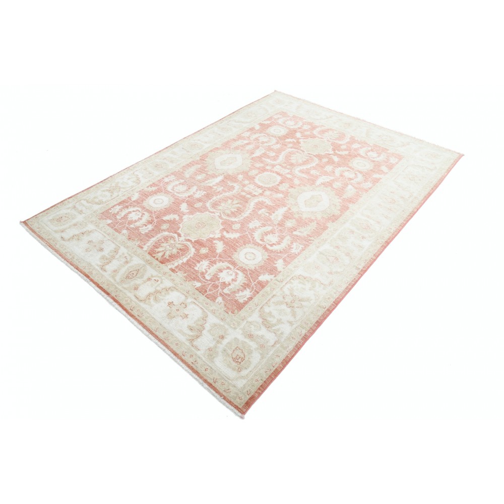 Hand Knotted Floral Oushak Area Rug with Red Field and Beige Border | 100% Wool Hand Knotted Floral Oushak Area Rug with Red Field and Beige Border | 100% Wool