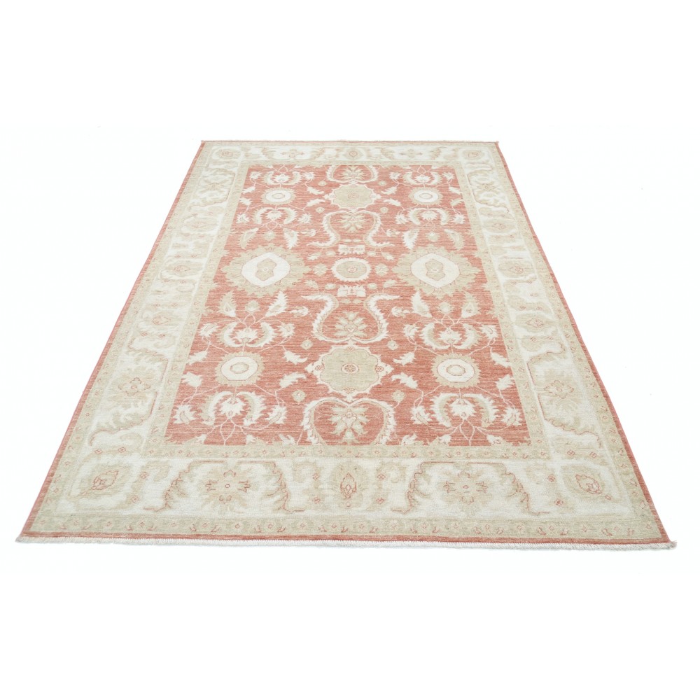 Hand Knotted Floral Oushak Area Rug with Red Field and Beige Border | 100% Wool Hand Knotted Floral Oushak Area Rug with Red Field and Beige Border | 100% Wool
