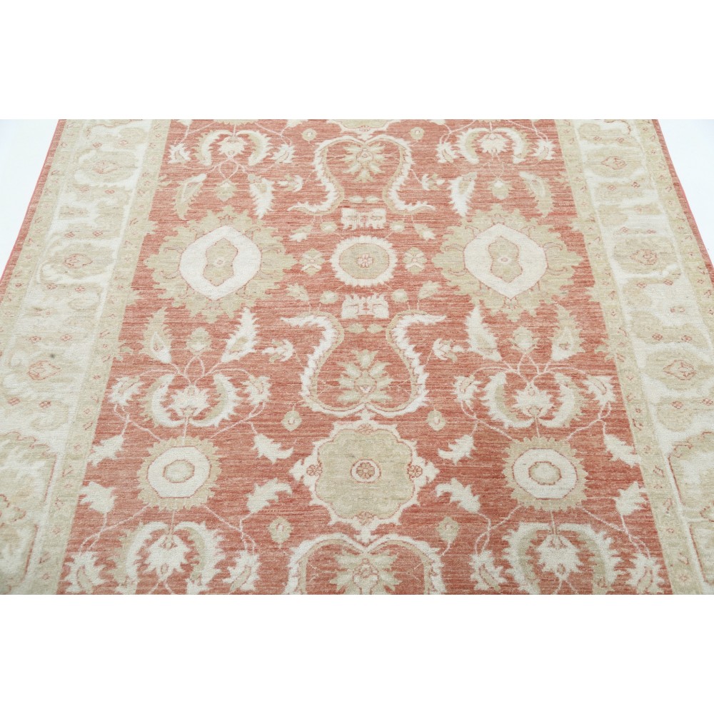 Hand Knotted Floral Oushak Area Rug with Red Field and Beige Border | 100% Wool Hand Knotted Floral Oushak Area Rug with Red Field and Beige Border | 100% Wool