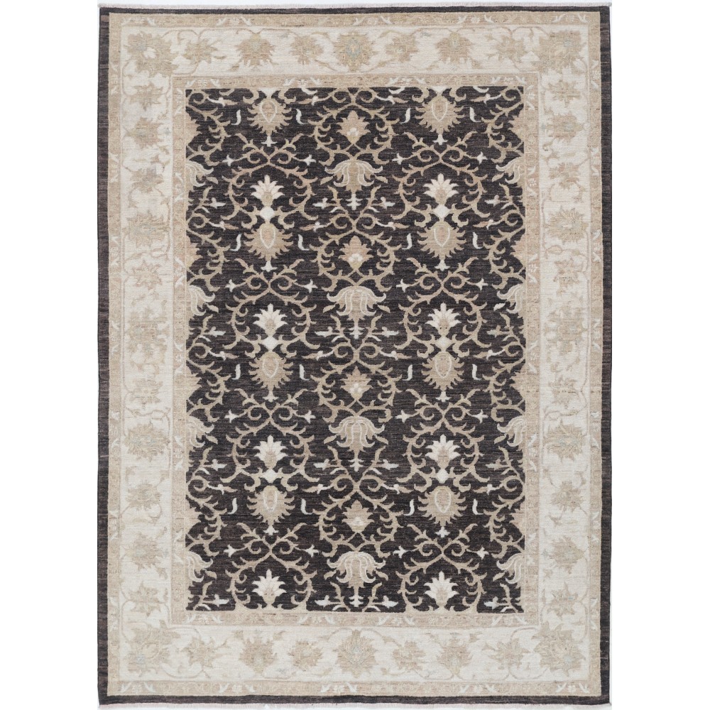 Hand Knotted Floral Turkish Area Rug with Brown Field and Beige Border | 100% Wool Hand Knotted Floral Turkish Area Rug with Brown Field and Beige Border | 100% Wool