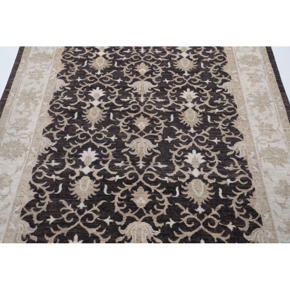 Hand Knotted Floral Turkish Area Rug with Brown Field and Beige Border | 100% Wool Hand Knotted Floral Turkish Area Rug with Brown Field and Beige Border | 100% Wool