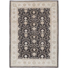 Hand Knotted Floral Turkish Area Rug with Brown Field and Beige Border | 100% Wool
