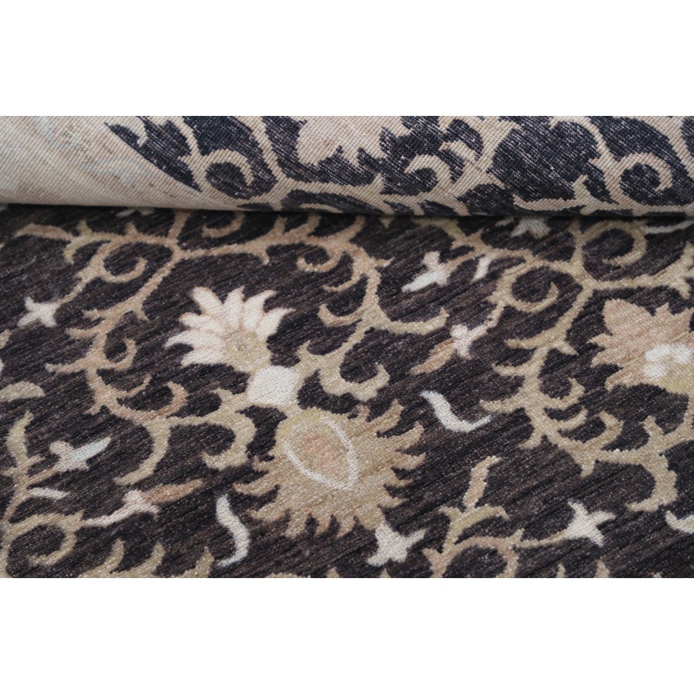 Hand Knotted Floral Turkish Area Rug with Brown Field and Beige Border | 100% Wool Hand Knotted Floral Turkish Area Rug with Brown Field and Beige Border | 100% Wool