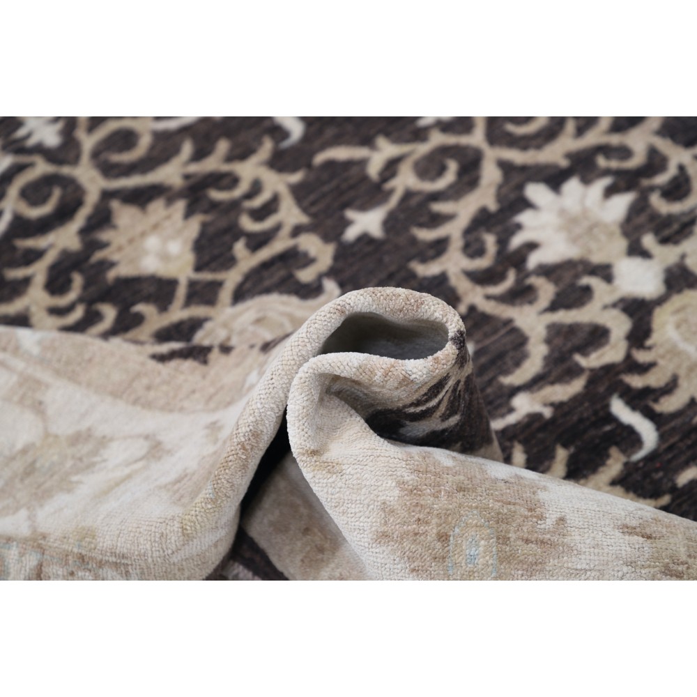 Hand Knotted Floral Turkish Area Rug with Brown Field and Beige Border | 100% Wool Hand Knotted Floral Turkish Area Rug with Brown Field and Beige Border | 100% Wool