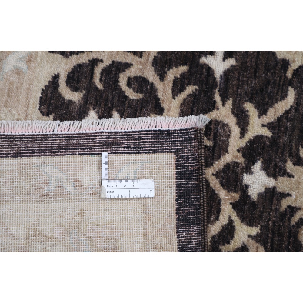 Hand Knotted Floral Turkish Area Rug with Brown Field and Beige Border | 100% Wool Hand Knotted Floral Turkish Area Rug with Brown Field and Beige Border | 100% Wool