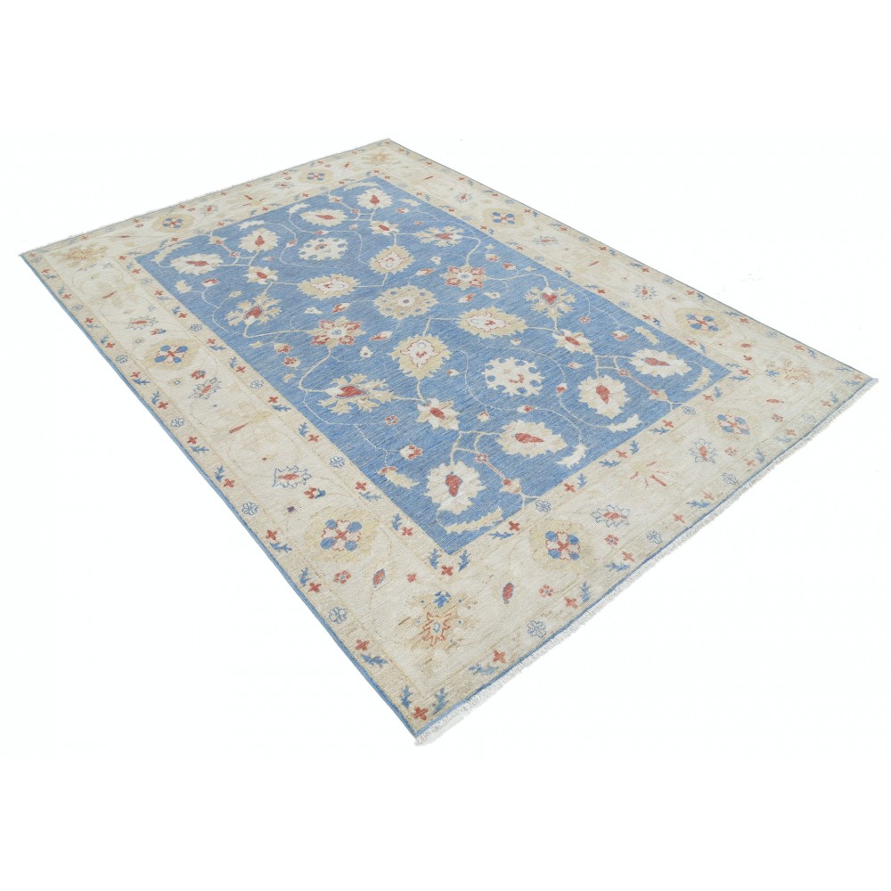 Hand Knotted Floral Oushak Area Rug with Blue Field and Ivory Border | 100% Wool