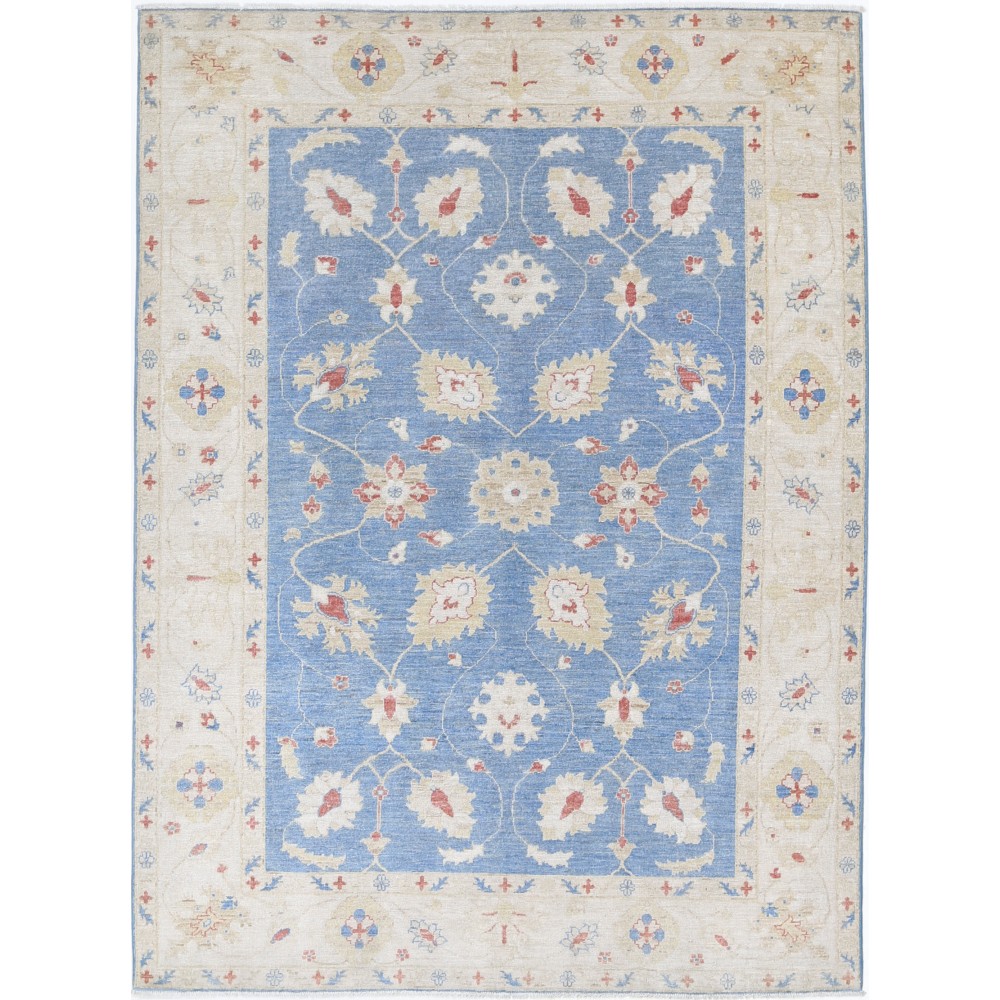 Hand Knotted Floral Oushak Area Rug with Blue Field and Ivory Border | 100% Wool