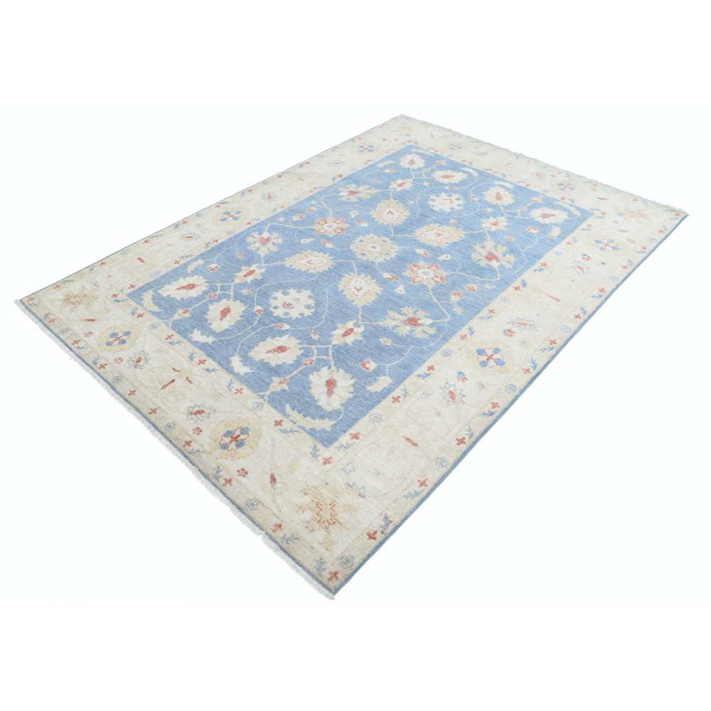 Hand Knotted Floral Oushak Area Rug with Blue Field and Ivory Border | 100% Wool